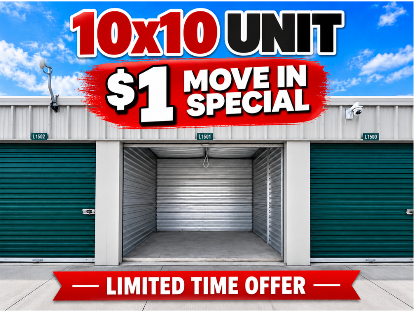 $1 Move In Special for 5x5 units, 5x15 units, and small storage units
